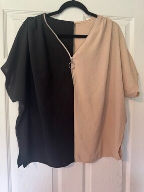 SHEIN Black and Beige Two-Tone Zip Front Tunic